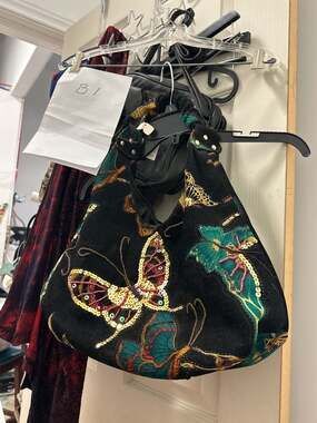 Vintage Black Suede Butterfly Beaded Sequin Hobo Bag